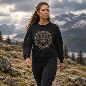 Sudadera Fenrir Wolf, cuello redondo con estampado de mitología nórdica, regalo vikingo con runas de lobo