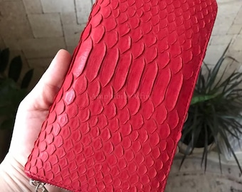 Echtleder-Geldbörse aus Pythonleder, handgefertigte Luxus-Geldbörse mit Reißverschluss, lange Geldbörse aus exotischem Leder, roter Leder-Organizer für Herren