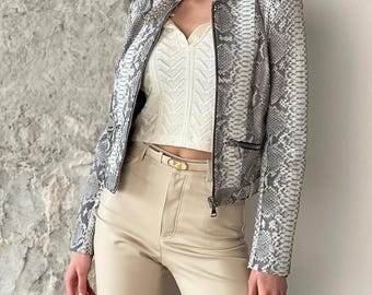 Veste en cuir de python naturel fait main | Blouson moto de luxe exotique en peau de serpent | Manteaux de créateurs pour hommes et femmes