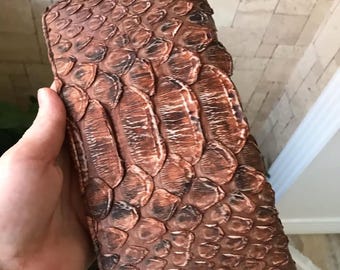 Portemonnee van echt drakenpythonleer, handgemaakte luxe portemonnee met ritssluiting, lange portemonnee van exotisch leer, bruine leren organizer voor mannen