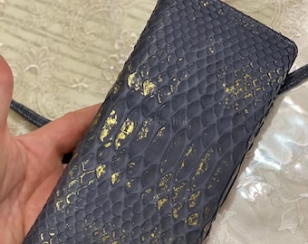 Cartera de piel de pitón auténtica, cartera de lujo hecha a mano con cremallera, cartera larga de piel exótica, organizador de piel negra con degradado dorado para hombre.