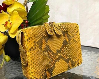 Real Python Leather Wallet, Handmade Luxury Zip Around Wallet, Exotic Leather Long Wallet, Yellow Leather Organizer for Men
