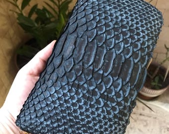 Echtleder-Geldbörse aus Pythonleder, handgefertigte Luxus-Geldbörse mit Reißverschluss, lange Geldbörse aus exotischem Leder, schieferblauer Leder-Organizer für Herren