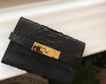 Real Python Leather Wallet, Handmade Luxury Zip Around Wallet, Exotic Leather Long Wallet, Black Leather Organizer for Men