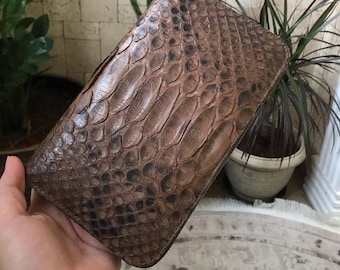 Portemonnee van echt pythonleer, handgemaakte luxe portemonnee met ritssluiting, lange portemonnee van exotisch leer, bruine leren organizer voor mannen