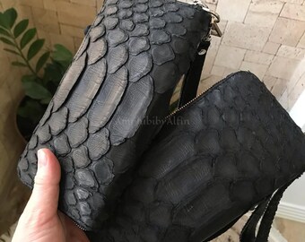 Real Python Leather Wallet, Handmade Luxury Zip Around Wallet, Exotic Leather Long Wallet, Black Leather Organizer for Men