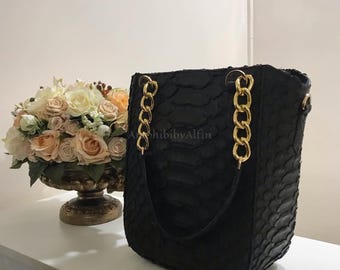 本物の黒龍パイソン革ショルダーバッグ、ハンドメイドの高級トートバッグ、女性用エキゾチックレザーハンドバッグ、普段使いのデザイナーズバッグ