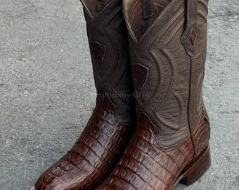 Real Brown Alligator Leather Cowboy Boots, Handmade Western Boots for Men, Exotic Leather Ranch Boots, Luxury Cowboy Footwear