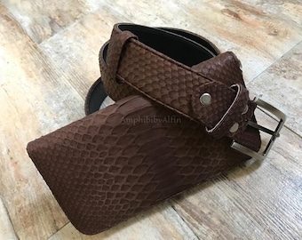 Portemonnee van echt pythonleer, handgemaakte luxe portemonnee met ritssluiting, lange portemonnee van exotisch leer, bruine leren organizer voor mannen, inclusief gratis riem