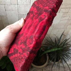 Peut inclure: Une pochette rectangulaire &agrave; fermeture &eacute;clair pr&eacute;sentant une texture en peau de serpent rouge vif et cramoisi fonc&eacute;. L'ext&eacute;rieur affiche un motif d'&eacute;cailles distinct avec une finition brillante, compl&eacute;t&eacute; par une tirette dor&eacute;e.