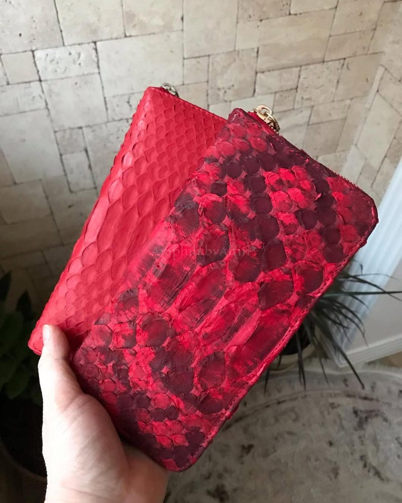 Portefeuille en cuir de python véritable, portefeuille zippé de luxe fait main, portefeuille long en cuir exotique, organiseur en cuir rouge pour homme image 3