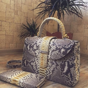Real Natural Python Leather Top Handle Bag, Handmade Luxury Mini Handbag, Exotic Leather Purse, Elegant Top Handle Gift for Her| Free Wallet