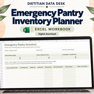 May include: A digital Emergency Pantry Inventory Planner Excel workbook displayed on a laptop screen. The spreadsheet features columns for item codes, counting units, target quantities, usable quantities, restock gaps, and label dates for inventory tracking.