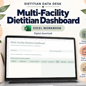 May include: A digital Multi-Facility Dietitian Dashboard Excel workbook displayed on a laptop screen. The interface includes columns for facility ID, name, visit notes, next visit, open actions, and overdue items. Text includes Dietitian Data Desk.