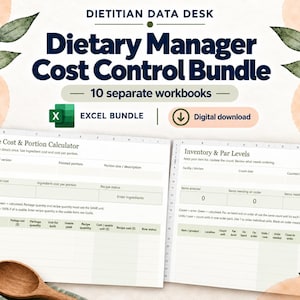 Op de afbeelding: Dietary Manager Cost Control Bundle met 10 afzonderlijke werkmappen als digitale download. Bevat een Excel-receptkosten- en portiecalculator en een inventaris- en voorraadblad met kolommen voor item, locatie, telling en bestelstatus.