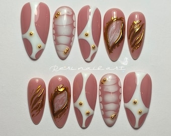 Unghie finte astratte rosa / Unghie finte in gel 3D a mandorla, design effetto marmo cromato oro