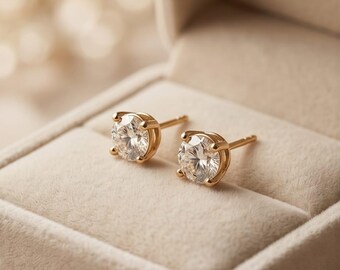 14k Solid Gold Natural Diamond Stud Earrings, 0.630 ctw Classic Solitaire Studs, 4.5mm Genuine Diamond Earrings, Timeless Jewelry Gift