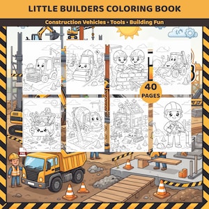 May include: Little Builders Coloring Book featuring 40 pages of black and white line art illustrations. The cover displays construction vehicles, tools, and characters in hard hats. Text includes Little Builders Coloring Book and 40 Pages.