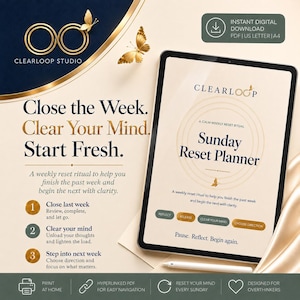 Sunday Reset Planner PDF, Weekly Reset Journal, Printable Reflection Planner, Hyperlinked, US Letter A4