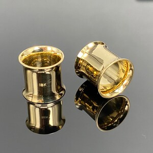 May include: Two gold-colored metal ear gauges, one with the inscription "18K" on the side.