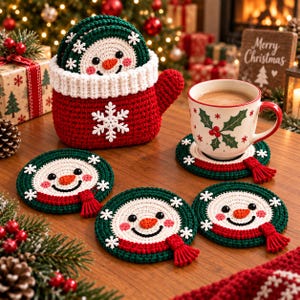 Puede incluir: Un juego de posavasos redondos de ganchillo con forma de muñeco de nieve, con bordes verdes, caras blancas, narices naranjas y bufandas rojas con borlas, guardados en un soporte de ganchillo a juego con forma de taza y un copo de nieve.