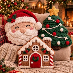 May include: Three crochet pillows featuring holiday themes: a round Santa Claus face with a red hat, a green Christmas tree topped with a yellow star, and a brown gingerbread house with white icing, red door, and candy cane striped columns.