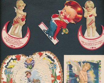 vintage Valentine cards, lot of 5 schoolroom cards, roughly from the 1920's