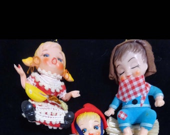 3 vintage nursery rhyme Christmas ornaments: Miss Muffet, Mary and Little Lamb. Little Boy Blue, 1950's