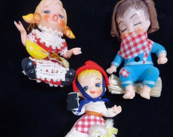3 vintage nursery rhyme Christmas ornaments: Miss Muffet, Mary and Little Lamb. Little Boy Blue, 1950's