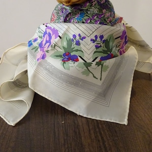 vintage square silk scarf, Echo, graphic stripes and stunning little flowers