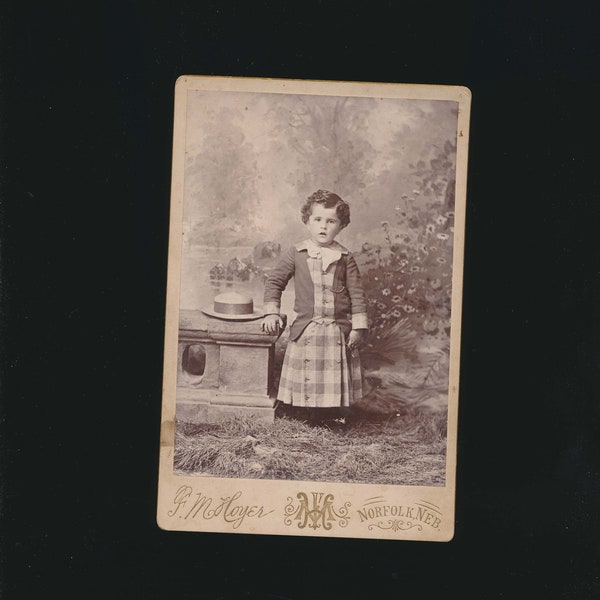 old photo, cabinet card, young Nebraska girl in plaid dress, 1880's