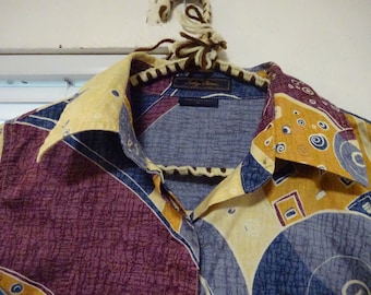 vintage blouse, woman's shirt, abstract design Indigo Palms size M