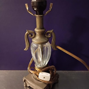 vintage lamp, square base, clear glass accent, brass scrolls, re-wired, works!