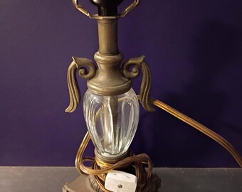 vintage lamp, square base, clear glass accent, brass scrolls, re-wired, works!