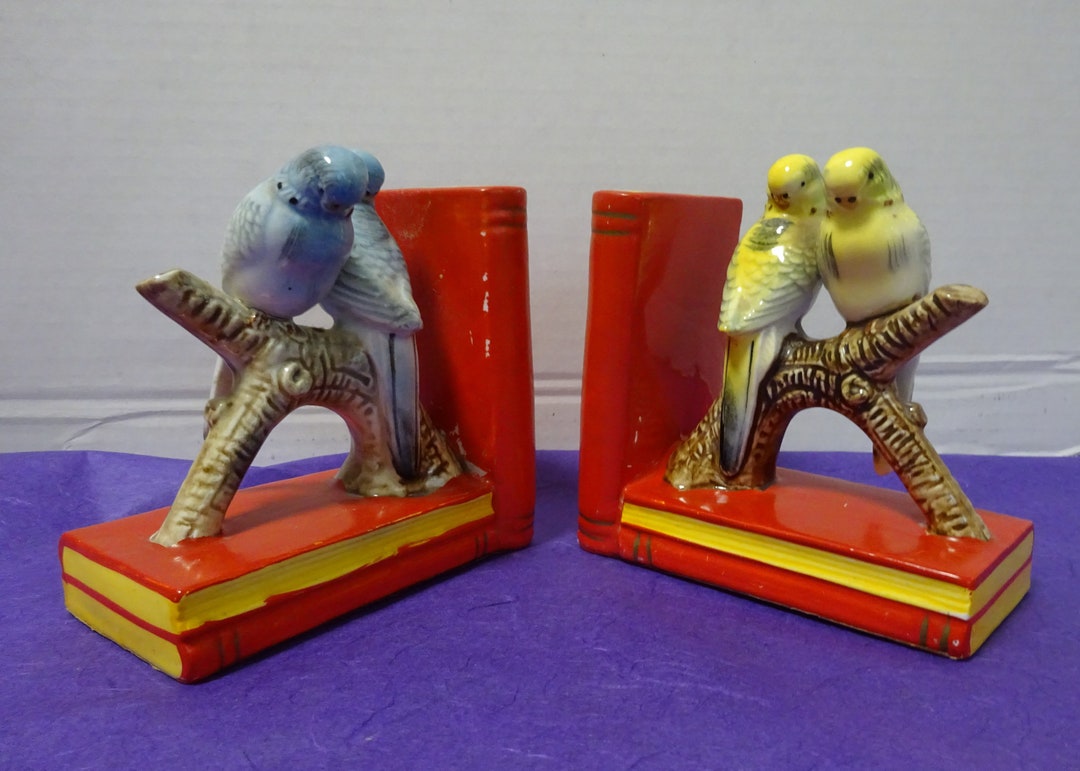 Vintage Ceramic Bookends / Parakeets Budgies Blue and Yellow Etsy