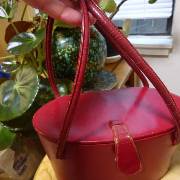 red leather purse, top-handled bucket bag, 1950's