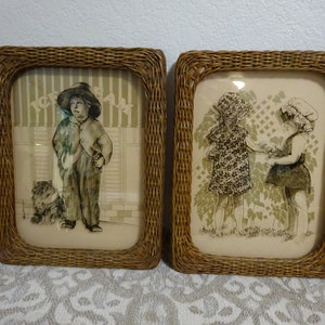 Vintage Wicker Frames: Reverse Painting Children Art, 1970s, Set of 2