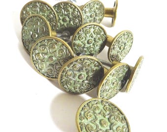 Hyer brass knobs, set of 12, fancy green, NOS, all screws but one