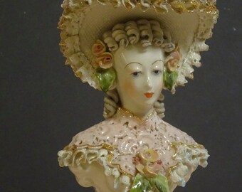 vintage ceramic figurine, porcelain bust, Cordey, 1940's, dipped lace, good condition