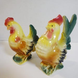 vintage ceramic figurines, chickens, rooster and hen, made in USA