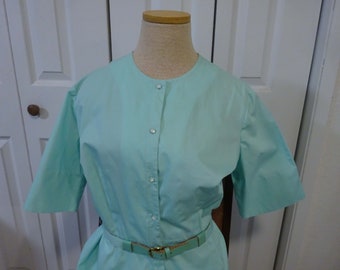 aqua or mint cotton dress, short sleeves, self belt, tiny buttons, JoLyne California, 1950's