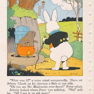 May include: A vintage illustration featuring a white rabbit in a black jacket and orange vest, holding a walking stick, conversing with a brown groundhog wearing orange overalls. The scene is set outdoors with text at the bottom.