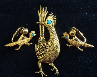 Roadrunner pin / brooch and clip on earrings, signed J. Ritter