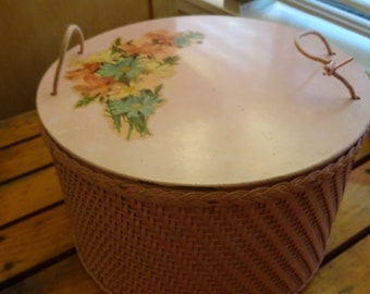 unique pink woven sewing basket, flower decal, sewing box with notions, 1950's