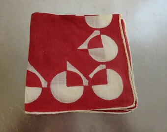 vintage handkerchief, red and white geometric, 1950's