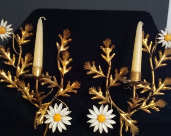 speaking of spring...here's pair of vintage toleware candle sconces with daisies