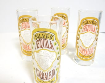 Vintage Tequila Corralejo Shot Glasses - Embossed Agave Design, Set of 4