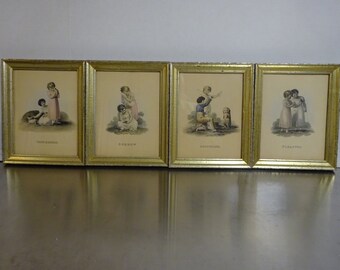 4 prints of children, old-timey prints, emotions, Tenderness, Sorrow, Discipline, Pleasure,  Borghese