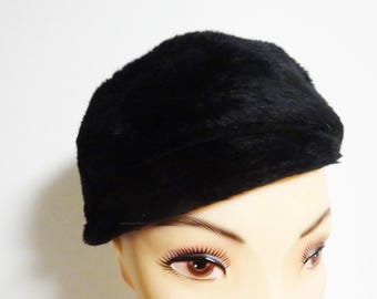 Vintage 1960s Black Faux Fur Hat: Carnaby Style, Made in Italy