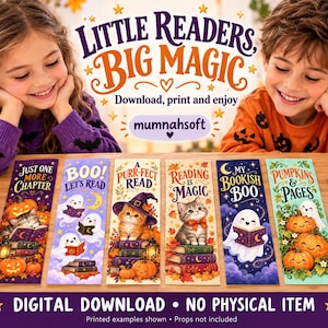 May include: Six rectangular paper bookmarks featuring Halloween-themed illustrations of kittens, ghosts, pumpkins, and books. The text includes phrases like Just One More Chapter, Boo! Let's Read, A Purr-fect Read, Reading Is Magic, My Bookish Boo, and Pumpkins & Pages.